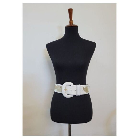 Vintage 1980's Carlos Falchi White and Gold Statement Wide Leather  Belt - Picture 3 of 6
